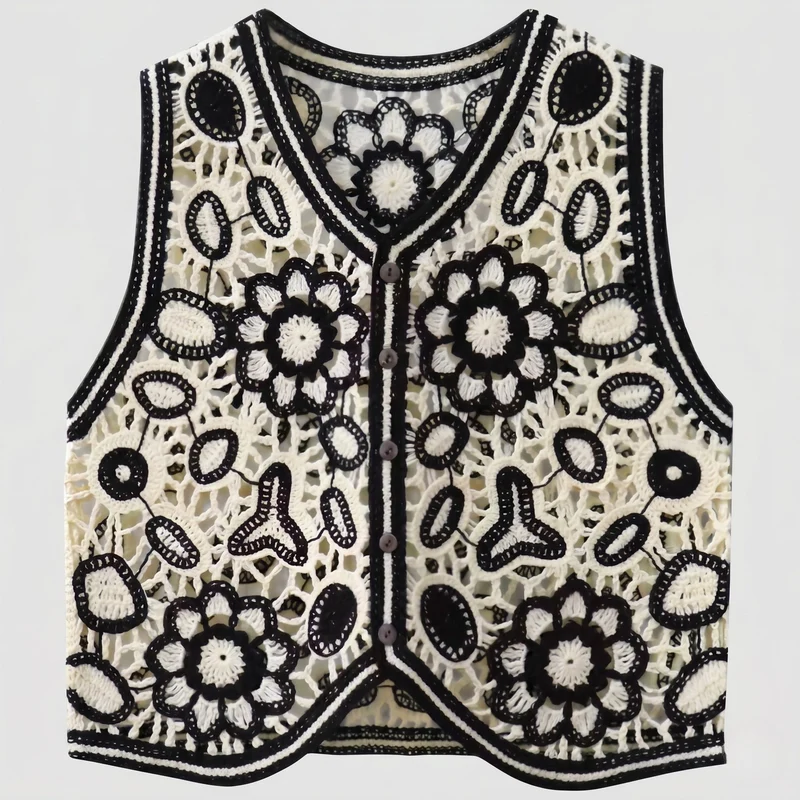 Damen Cropped Häkeloberteil mit buntem Quadratmuster und Knopfleiste
