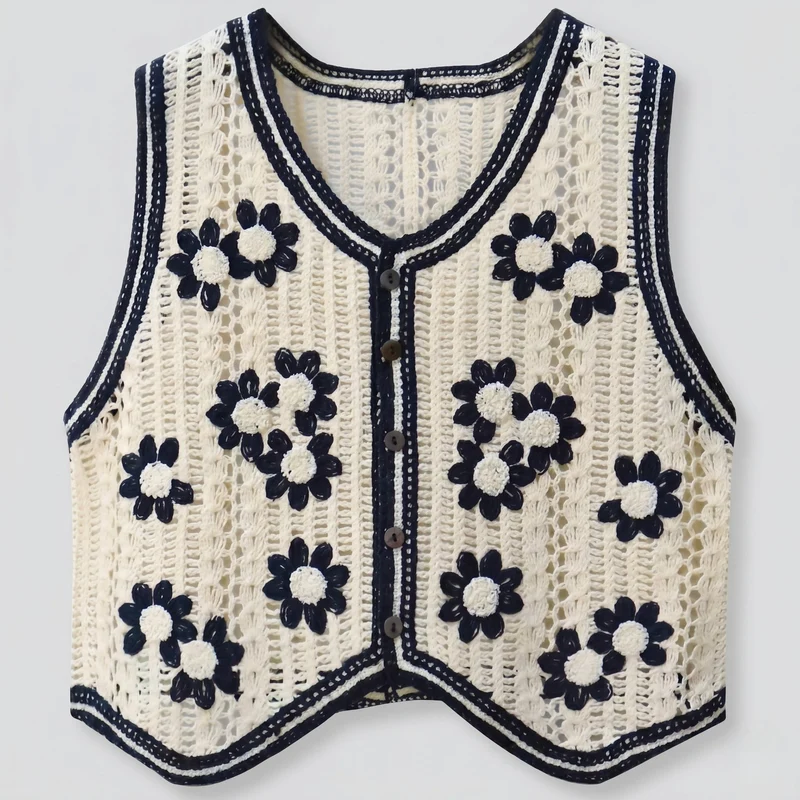 Damen Cropped Häkeloberteil mit buntem Quadratmuster und Knopfleiste