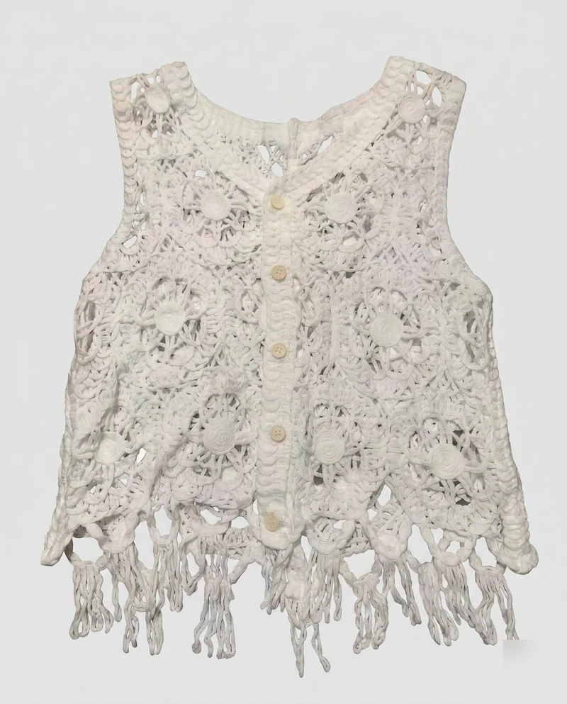 Damen Cropped Häkeloberteil mit buntem Quadratmuster und Knopfleiste