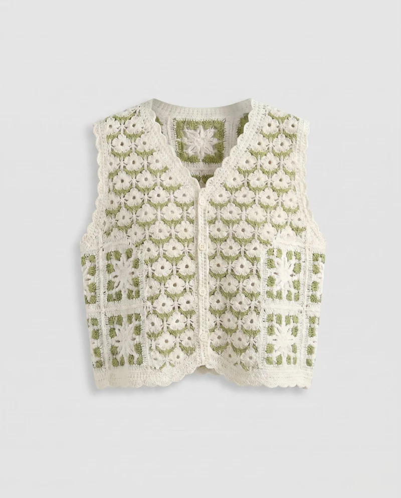 Damen Cropped Häkeloberteil mit buntem Quadratmuster und Knopfleiste