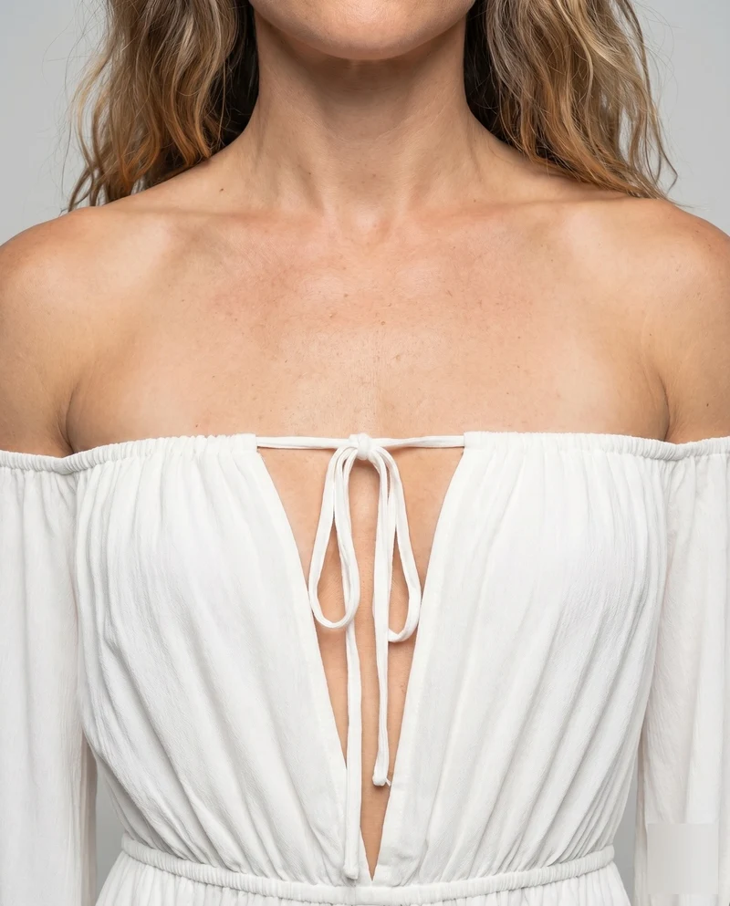 Damen Off-Shoulder Chiffon-Minikleid Volantärmel BindNord Taschenand