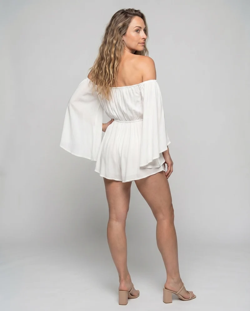 Damen Off-Shoulder Chiffon-Minikleid Volantärmel BindNord Taschenand