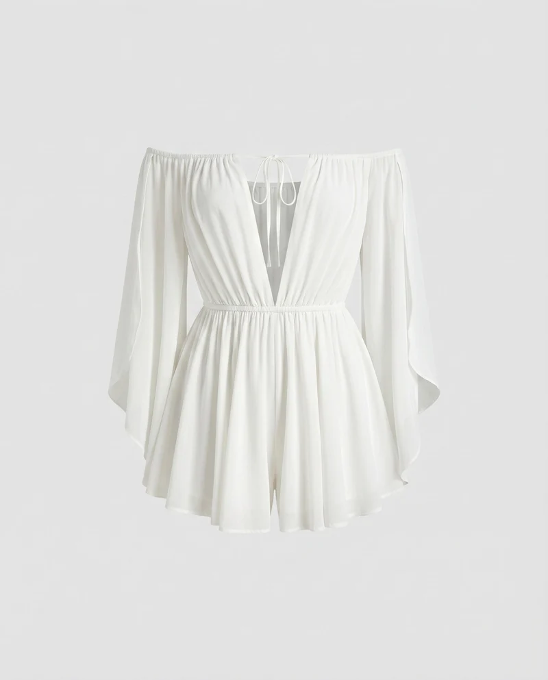 Damen Off-Shoulder Chiffon-Minikleid Volantärmel BindNord Taschenand