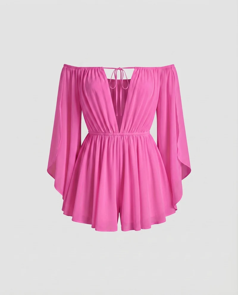 Damen Off-Shoulder Chiffon-Minikleid Volantärmel BindNord Taschenand