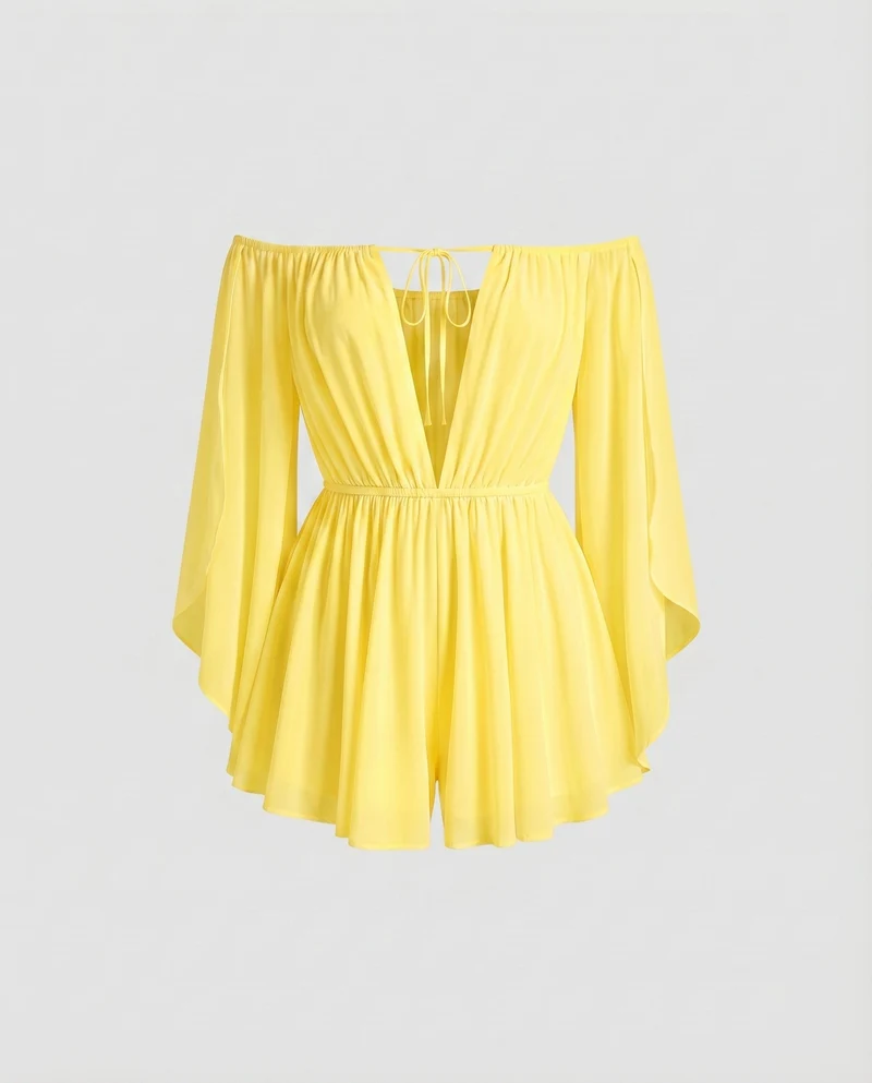 Damen Off-Shoulder Chiffon-Minikleid Volantärmel BindNord Taschenand