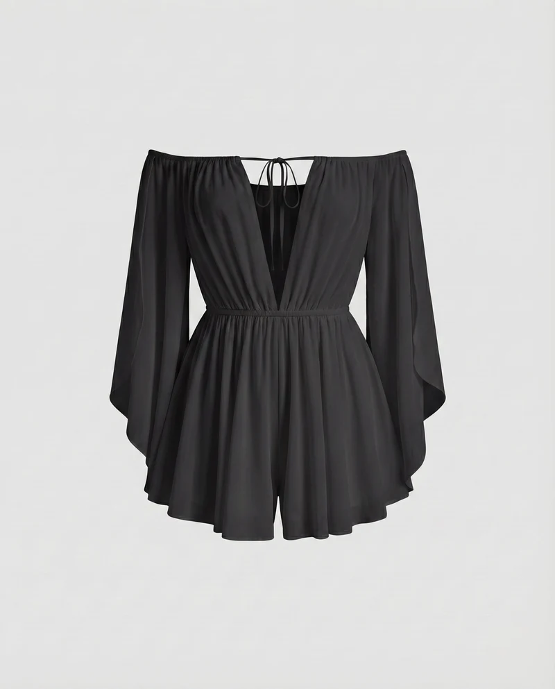 Damen Off-Shoulder Chiffon-Minikleid Volantärmel BindNord Taschenand