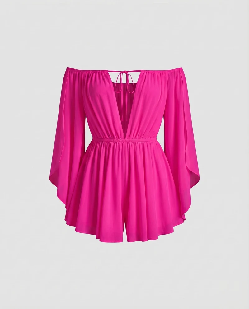 Damen Off-Shoulder Chiffon-Minikleid Volantärmel BindNord Taschenand