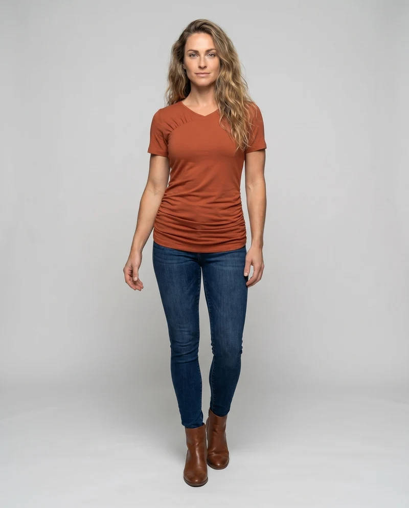 Damen lässiges T-Shirt mit schmalem Schnitt und Raffung