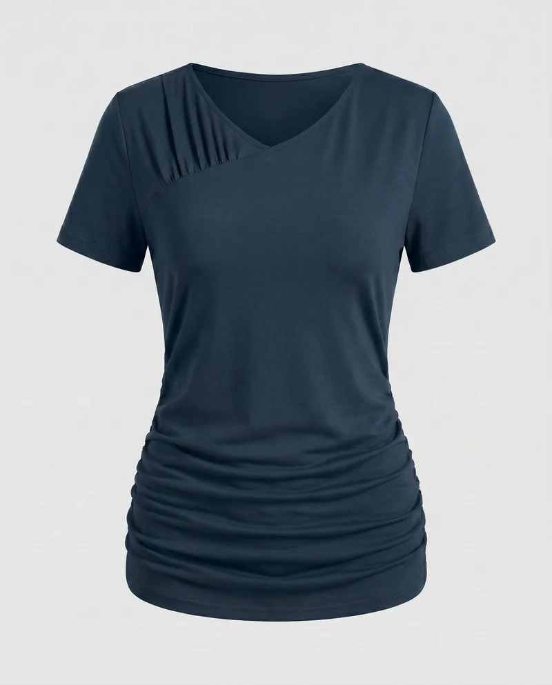 Damen lässiges T-Shirt mit schmalem Schnitt und Raffung