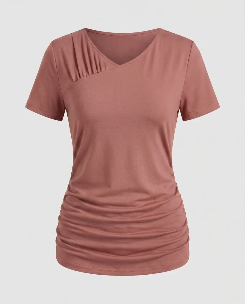 Damen lässiges T-Shirt mit schmalem Schnitt und Raffung