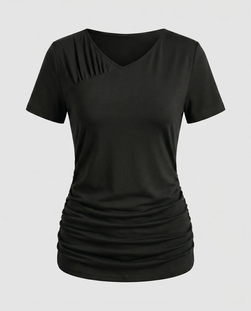Damen lässiges T-Shirt mit schmalem Schnitt und Raffung