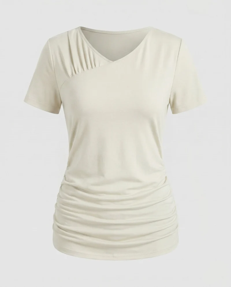 Damen lässiges T-Shirt mit schmalem Schnitt und Raffung