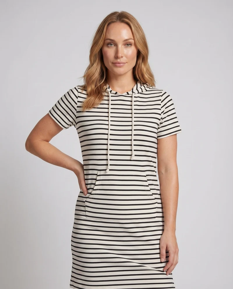 Damen Kapuzen-Sweatkleid Kängurutasche Seitenschlitz Kurzarm