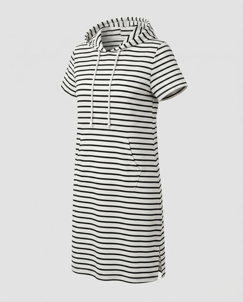 Damen Kapuzen-Sweatkleid Kängurutasche Seitenschlitz Kurzarm