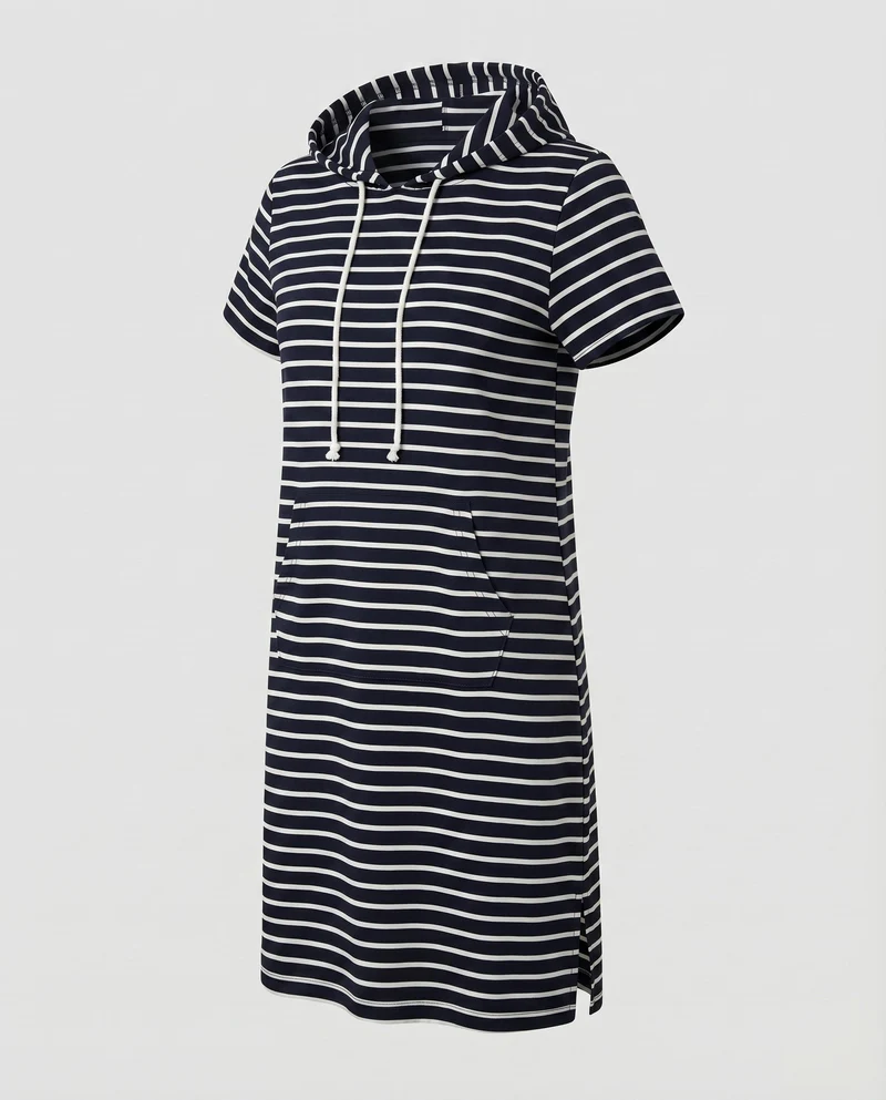 Damen Kapuzen-Sweatkleid Kängurutasche Seitenschlitz Kurzarm