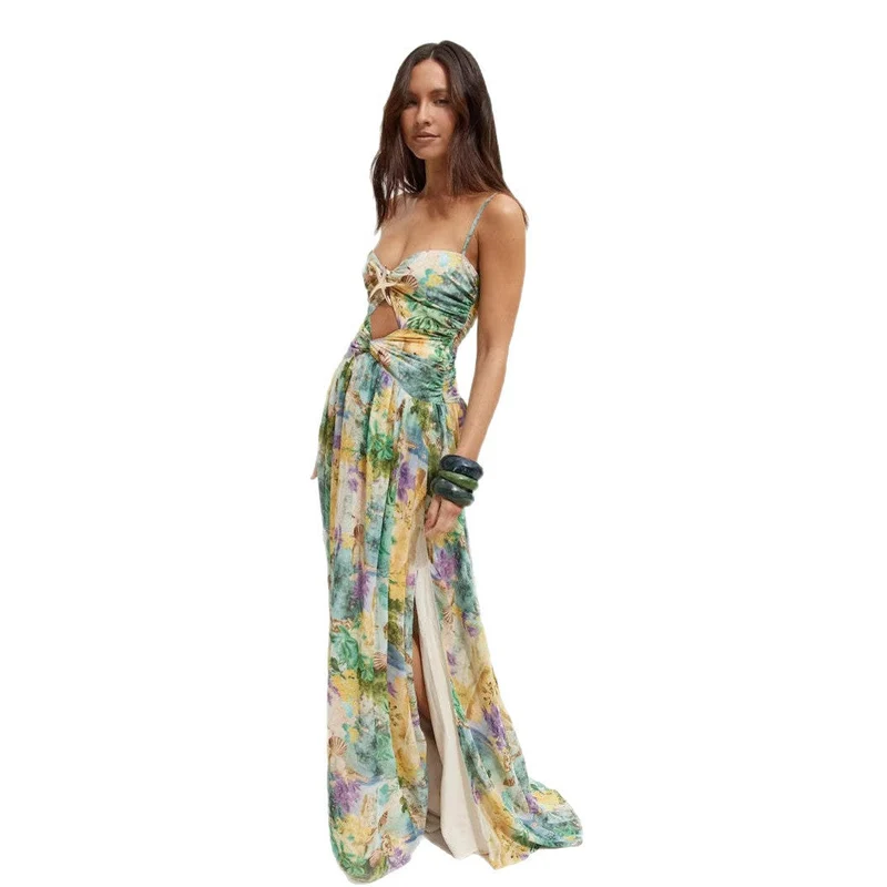 Damen Maxi-Kleid mit raffiniertem Schnitt und floralem Detail