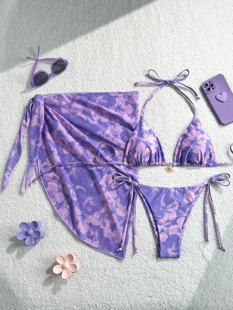 Damen Triangel-Bikini-Set mit verstellbaren Trägern und Wickeltuch