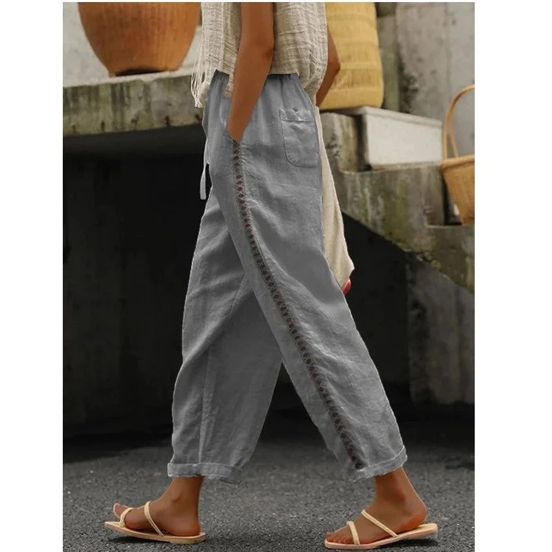 Damen lässige Leinen-Palazzo-Hose mit elastischem Bund und seitlichen Taschen