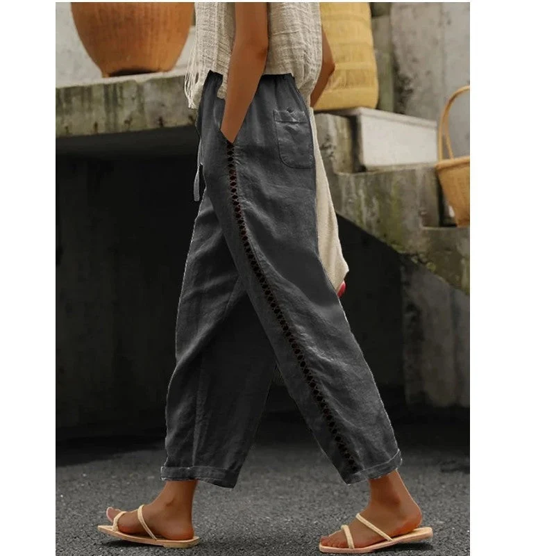 Damen lässige Leinen-Palazzo-Hose mit elastischem Bund und seitlichen Taschen