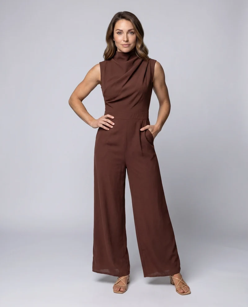 Damen Eleganter Jumpsuit mit hohem Kragen und weitem Bein