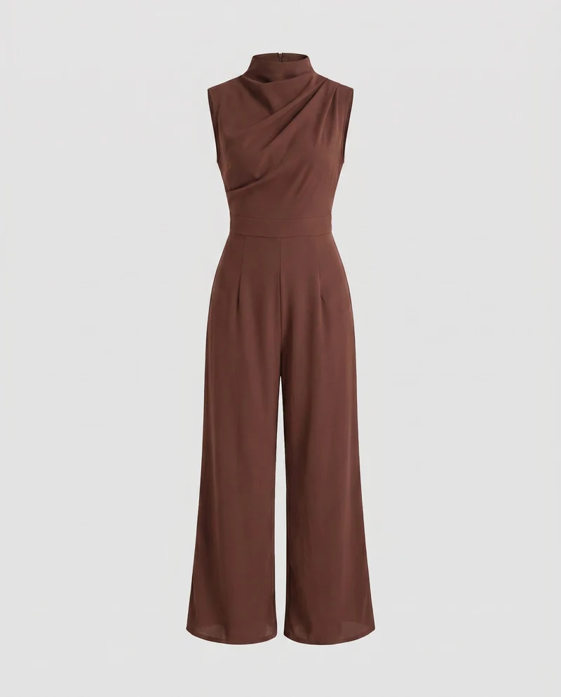 Damen Eleganter Jumpsuit mit hohem Kragen und weitem Bein