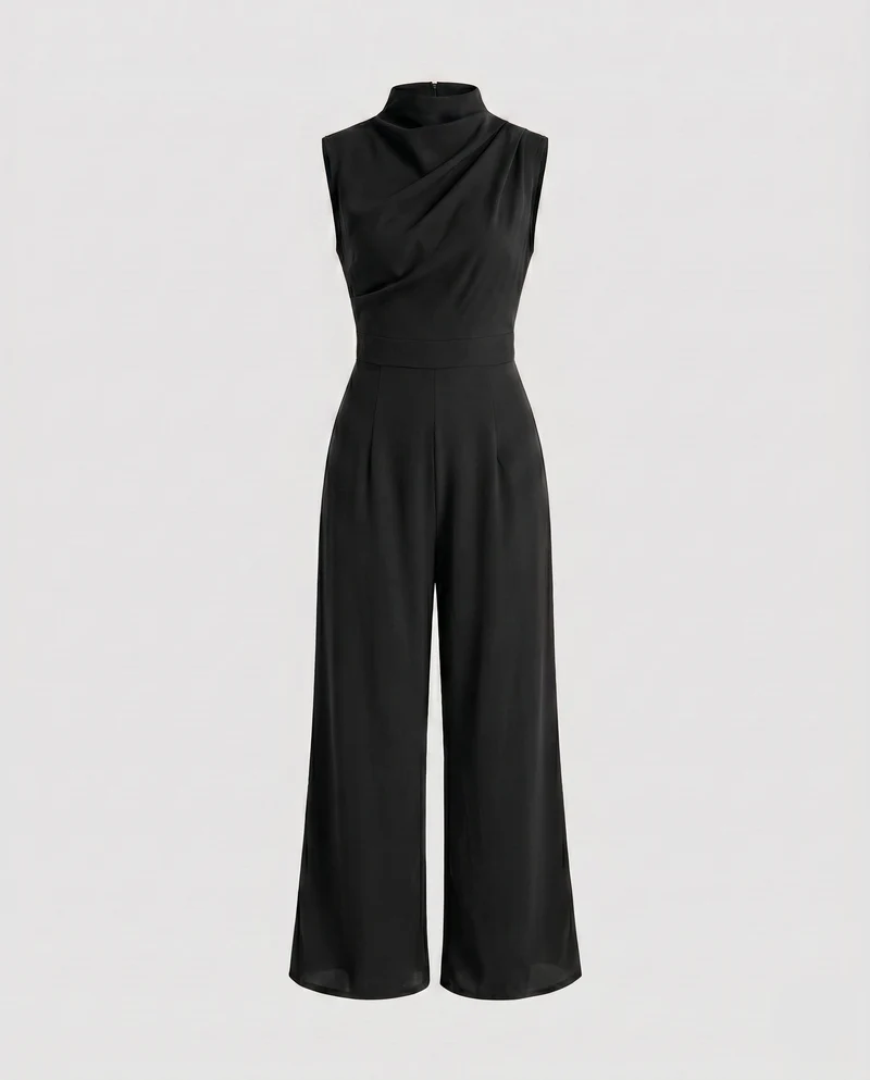 Damen Eleganter Jumpsuit mit hohem Kragen und weitem Bein
