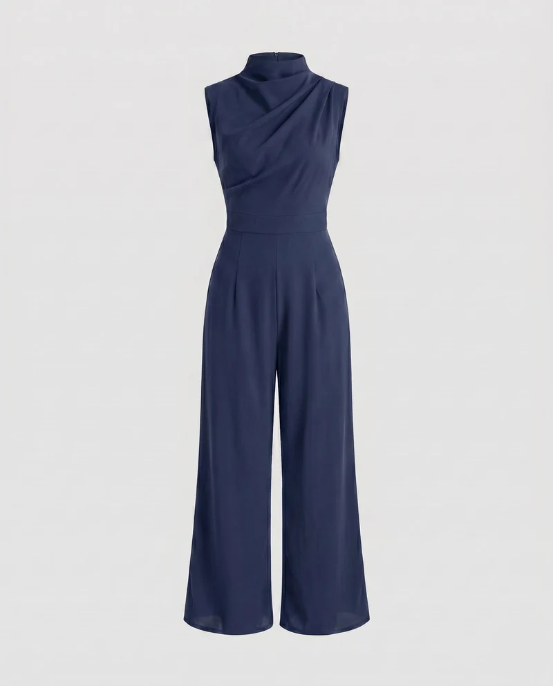 Damen Eleganter Jumpsuit mit hohem Kragen und weitem Bein