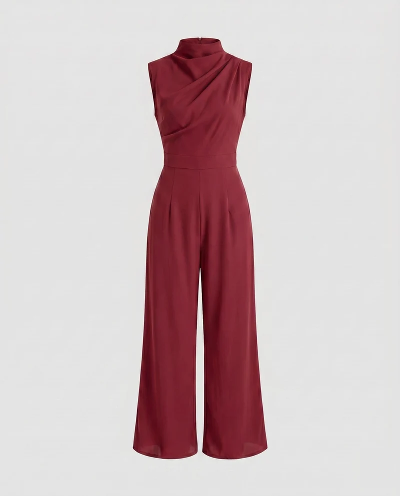 Damen Eleganter Jumpsuit mit hohem Kragen und weitem Bein