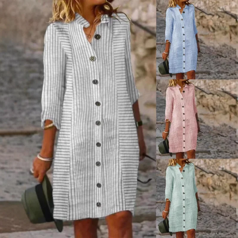 Damen gestreiftes Hemdkleid mit Knopfleiste und 3/4-Ärmeln Nord Taschen