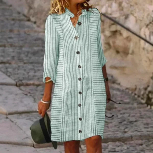Damen gestreiftes Hemdkleid mit Knopfleiste und 3/4-Ärmeln Nord Taschen