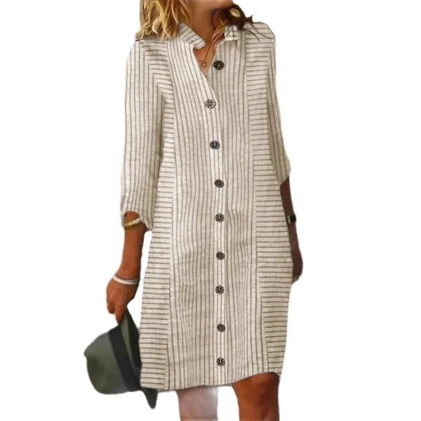 Damen gestreiftes Hemdkleid mit Knopfleiste und 3/4-Ärmeln Nord Taschen