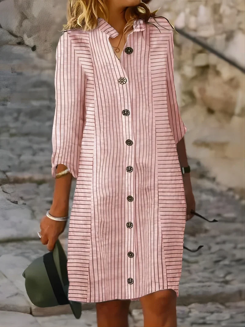 Damen gestreiftes Hemdkleid mit Knopfleiste und 3/4-Ärmeln Nord Taschen