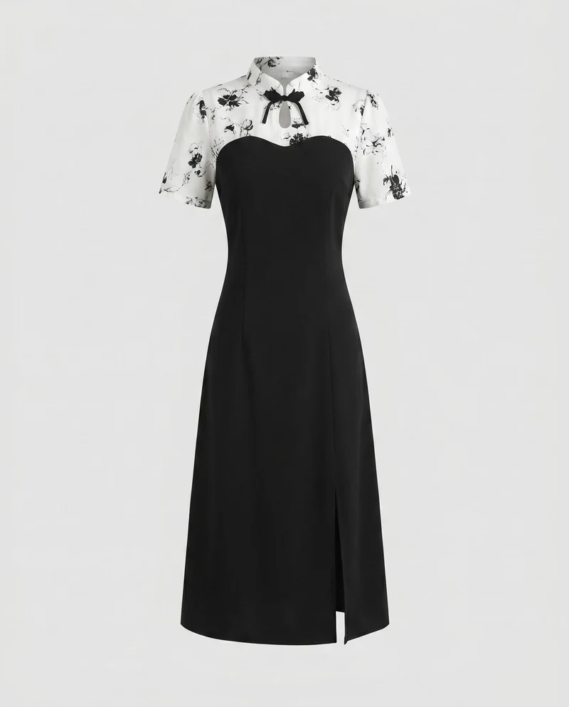 Damen Midi-Kleid mit floralem Kragen und schickem Schlitz