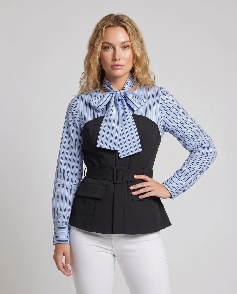 Damen Hemdbluse mit abnehmbaren Schleifendetails und figurbetonter Silhouette