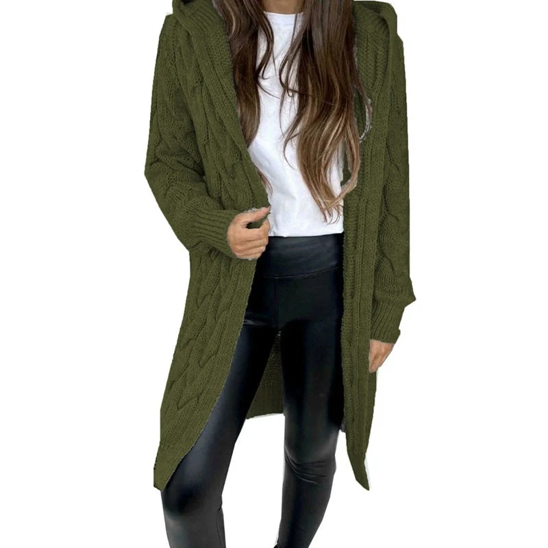 Damen lange Strickjacke mit Kapuze und Zopfmuster