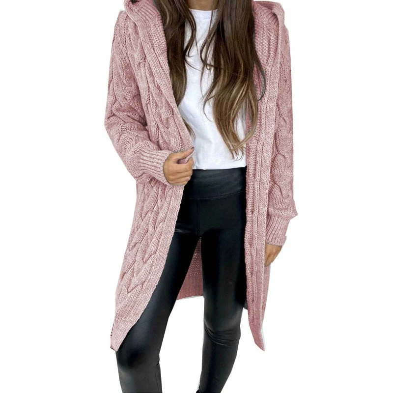 Damen lange Strickjacke mit Kapuze und Zopfmuster