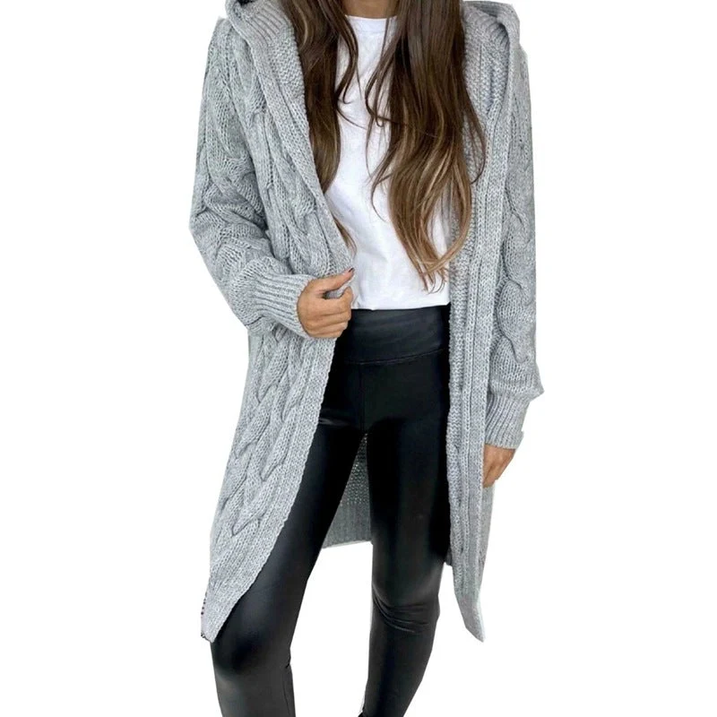 Damen lange Strickjacke mit Kapuze und Zopfmuster