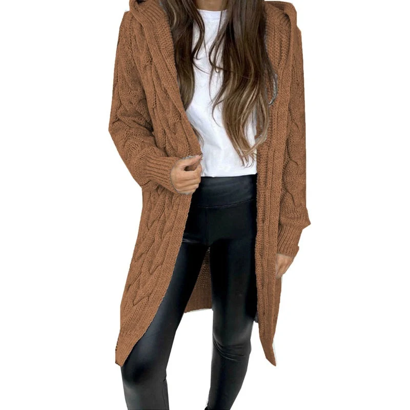 Damen lange Strickjacke mit Kapuze und Zopfmuster
