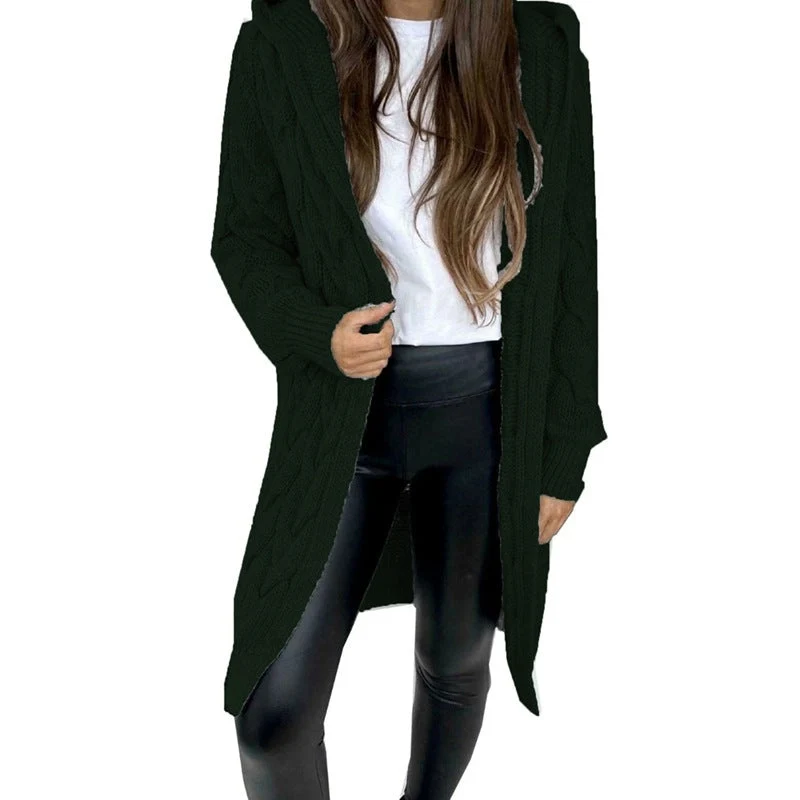 Damen lange Strickjacke mit Kapuze und Zopfmuster