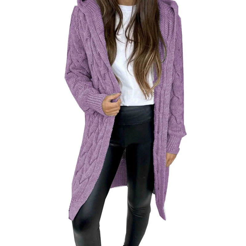 Damen lange Strickjacke mit Kapuze und Zopfmuster