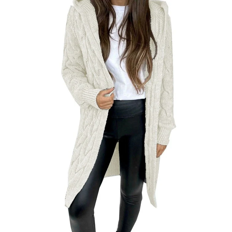 Damen lange Strickjacke mit Kapuze und Zopfmuster