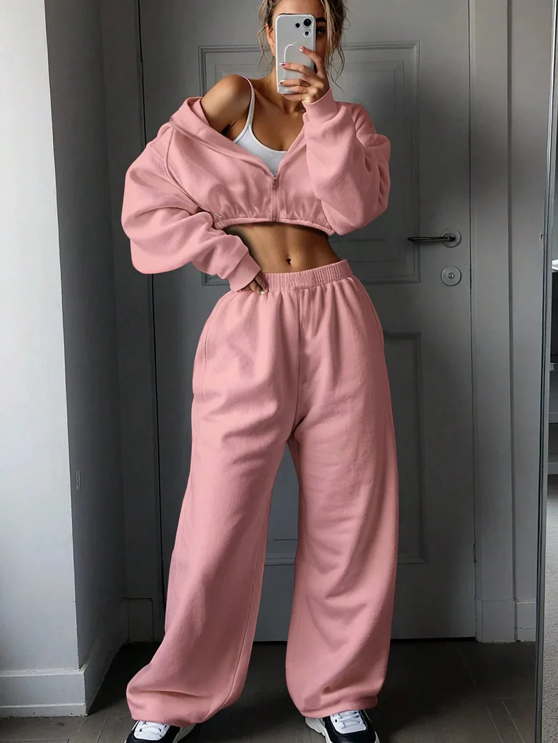 Damen lässiges Cropped Sweat-Set mit voluminösen Ärmeln und weitem Schnitt