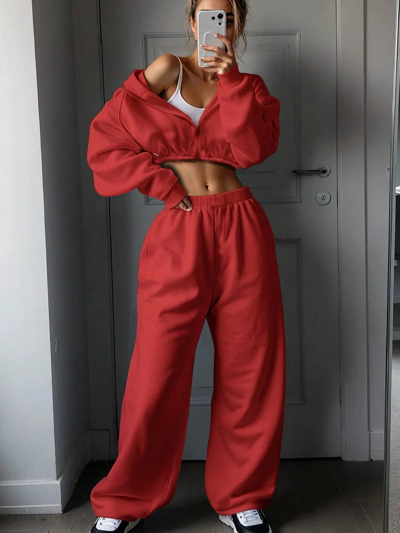 Damen lässiges Cropped Sweat-Set mit voluminösen Ärmeln und weitem Schnitt