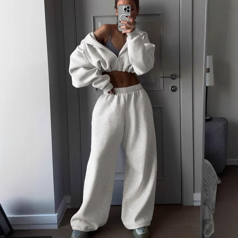 Damen lässiges Cropped Sweat-Set mit voluminösen Ärmeln und weitem Schnitt