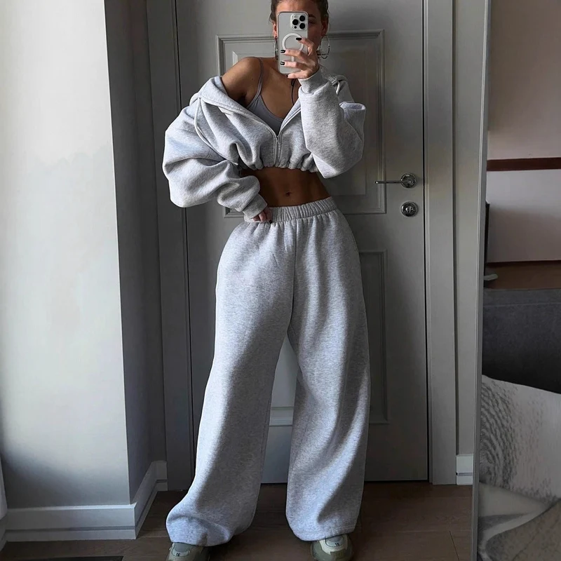 Damen lässiges Cropped Sweat-Set mit voluminösen Ärmeln und weitem Schnitt