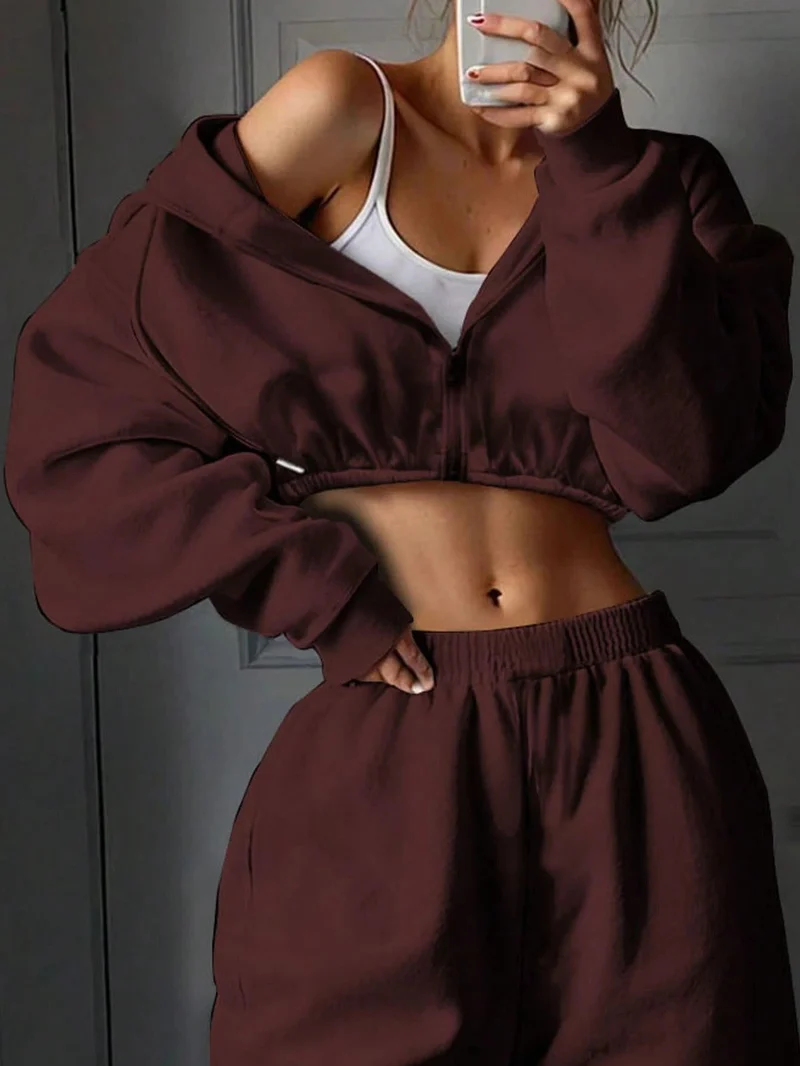 Damen lässiges Cropped Sweat-Set mit voluminösen Ärmeln und weitem Schnitt