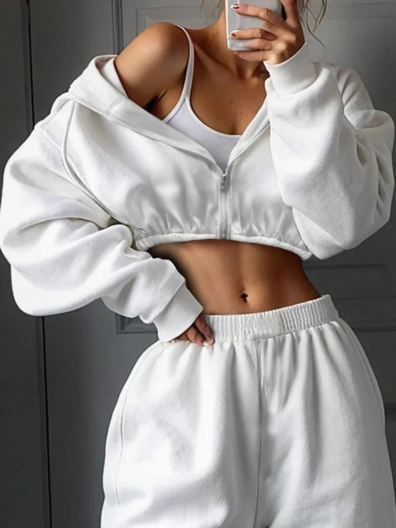 Damen lässiges Cropped Sweat-Set mit voluminösen Ärmeln und weitem Schnitt