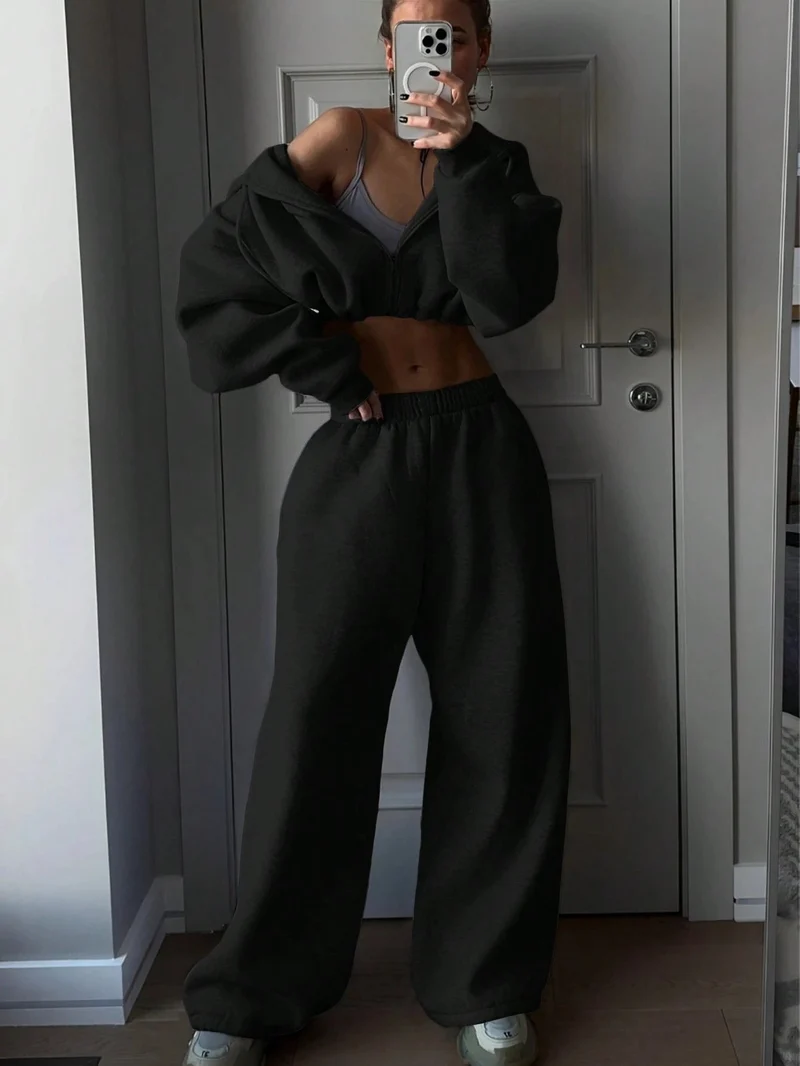 Damen lässiges Cropped Sweat-Set mit voluminösen Ärmeln und weitem Schnitt