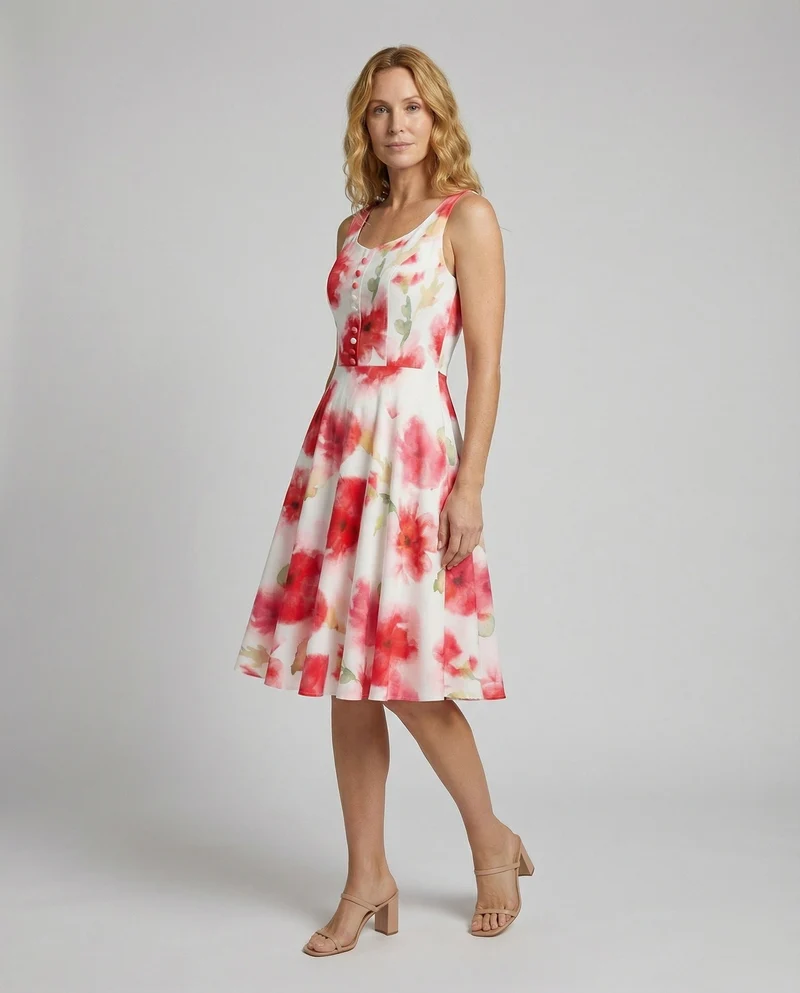 Damen Retro-Tellerkleid mit dekorativer Knopfleiste
