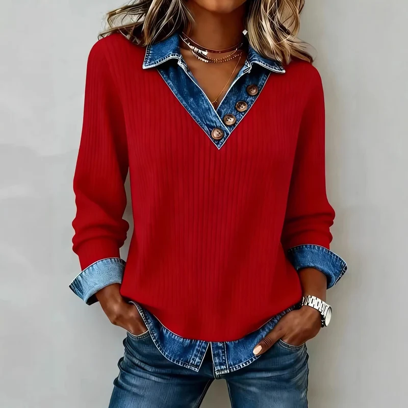 Damen Elegantes Strickshirt mit Jeanskragen und Knopfdetails Nord Taschen